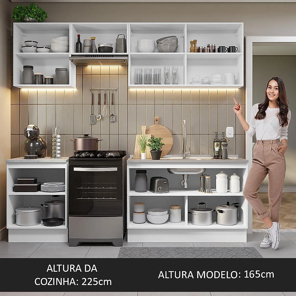 Armário de Cozinha Completa 240cm Branco Glamy Madesa 09 Branco