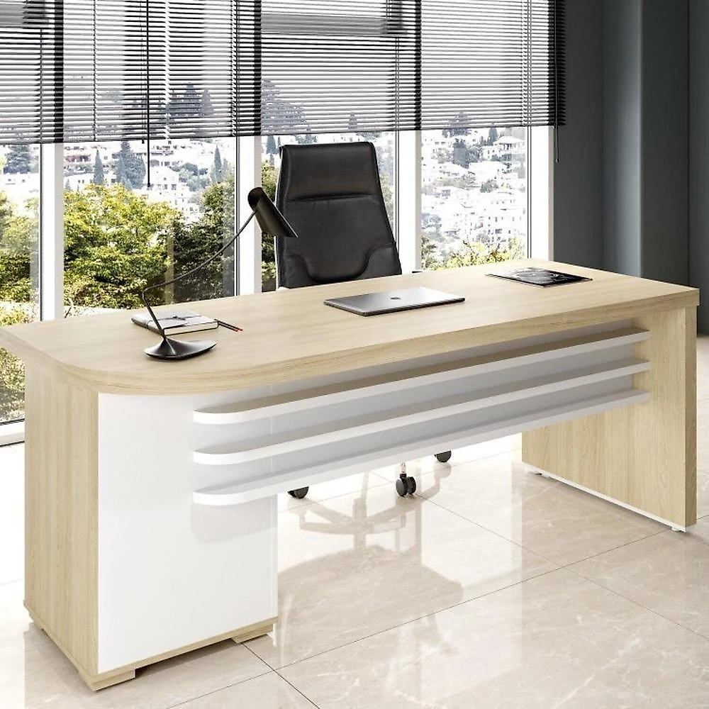 Conjunto Mesa Escritório Tamburato com Gavetas Lado Direito e Mesa de Apoio Carvalho / Branco