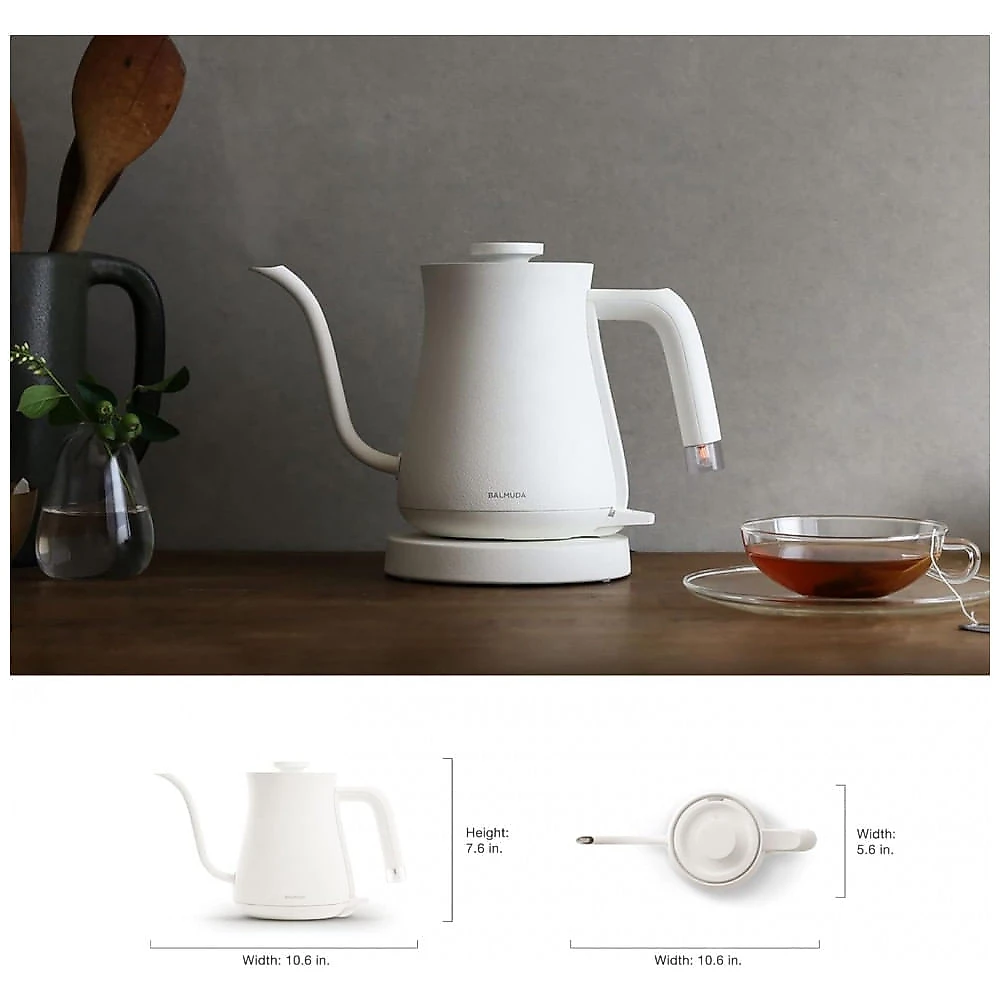 BALMUDA The Kettle - Chaleira Elétrica Leve de Aço Inoxidável 0,6L com Indicador Neon - Ideal para Chá e Café - Versão EUA Branca