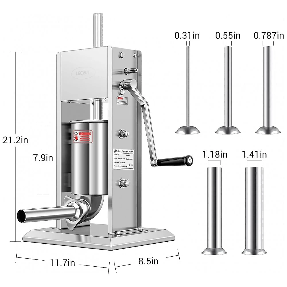 Máquina de Encher Linguiça de Aço Inoxidável 304 LEEVOT 7Lb3L Ajustável, 2 Velocidades, 5 Tubos de Enchimento Prateados