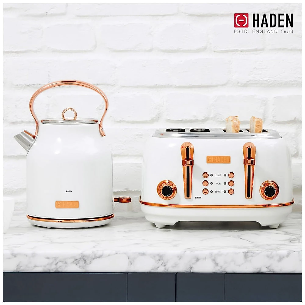 Conjunto torradeira 4 fatias e chaleira elétrica Haden Heritage inox 1,7L marfim e cobre 1500W 110V