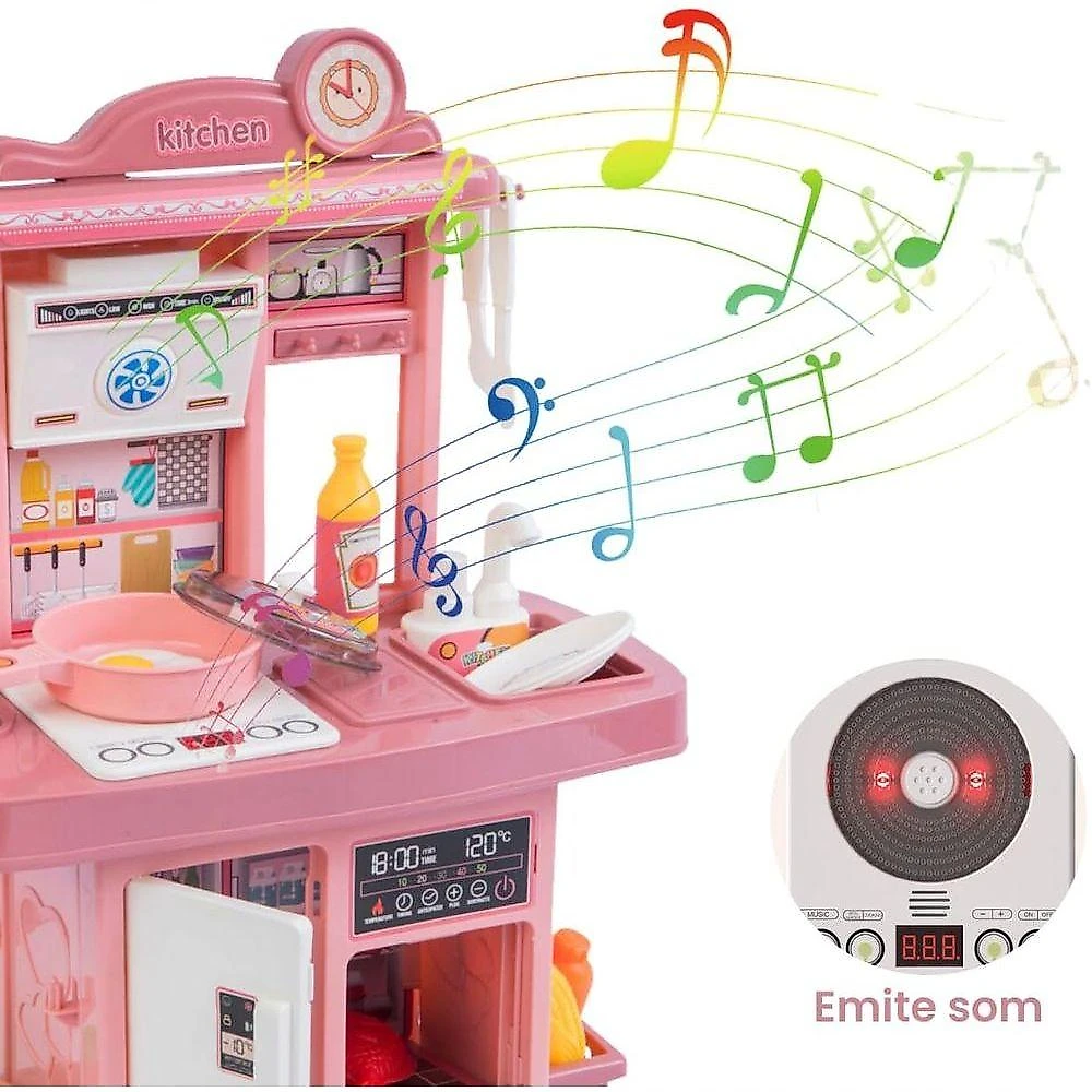 Cozinha Infantil de Brinquedo com Som e Água e 25 Acessórios Rosa