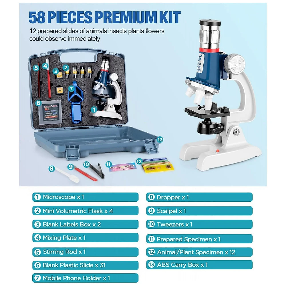 Kit de Microscópio para Crianças 58 Peças 100X 1200X com corpo de Metal, Caixa de Transporte e Luz LED, Uarzt, Branco e ...