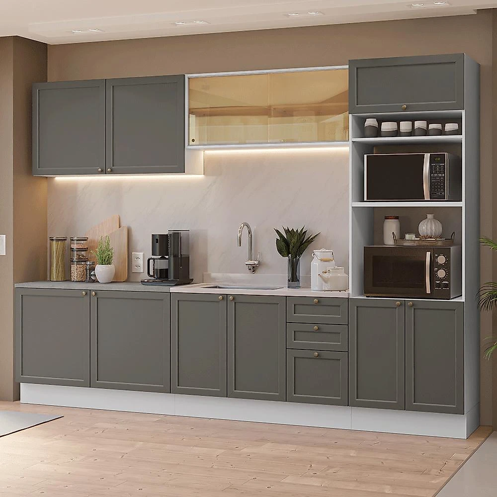Armário de cozinha completa 310 cm branco/cinza vik madesa 01