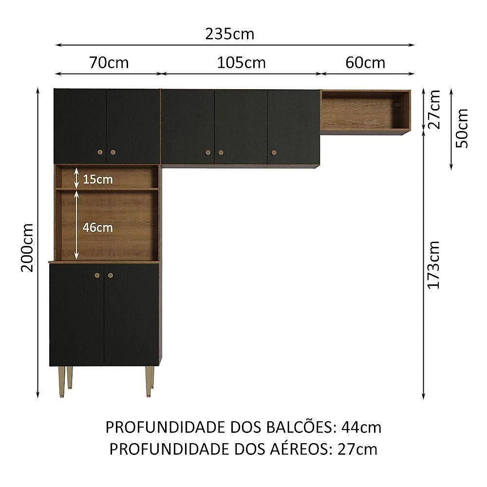 Armário De Cozinha Compacta Quiosque 235cm Rustic/preto Gourmet Madesa Xa Rustic/preto