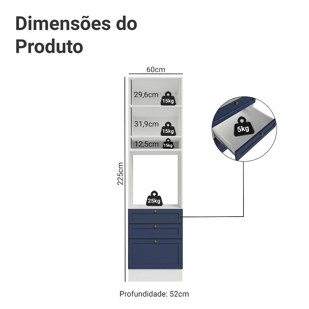 Torre quente 60 cm 1 porta 3 gavetas branco/azul vik madesa