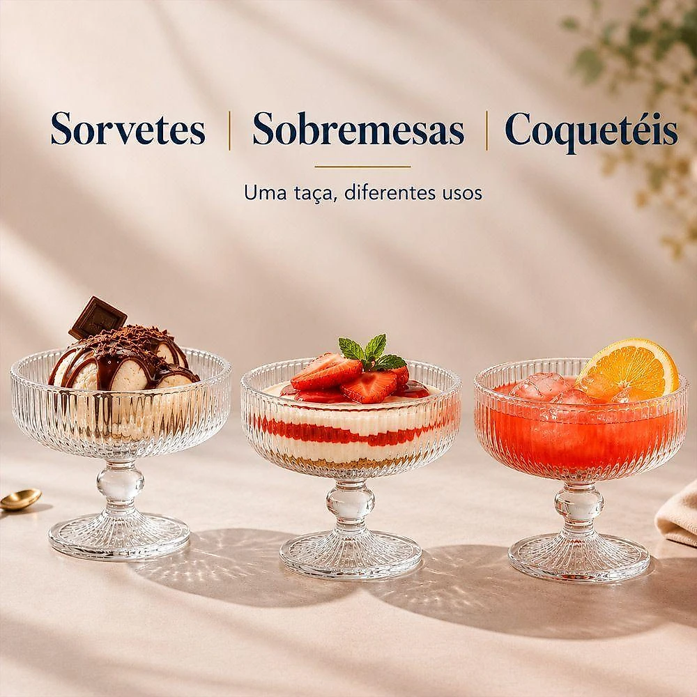 Taça de Sobremesa Lines em Vidro Transparente com Textura em Relevo para Coquetel e Sorvete Kit 4