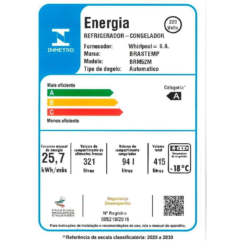 Geladeira Frost Free BRM52MB Duplex 415 Litros Extrafrio Brastemp Branco - 110V