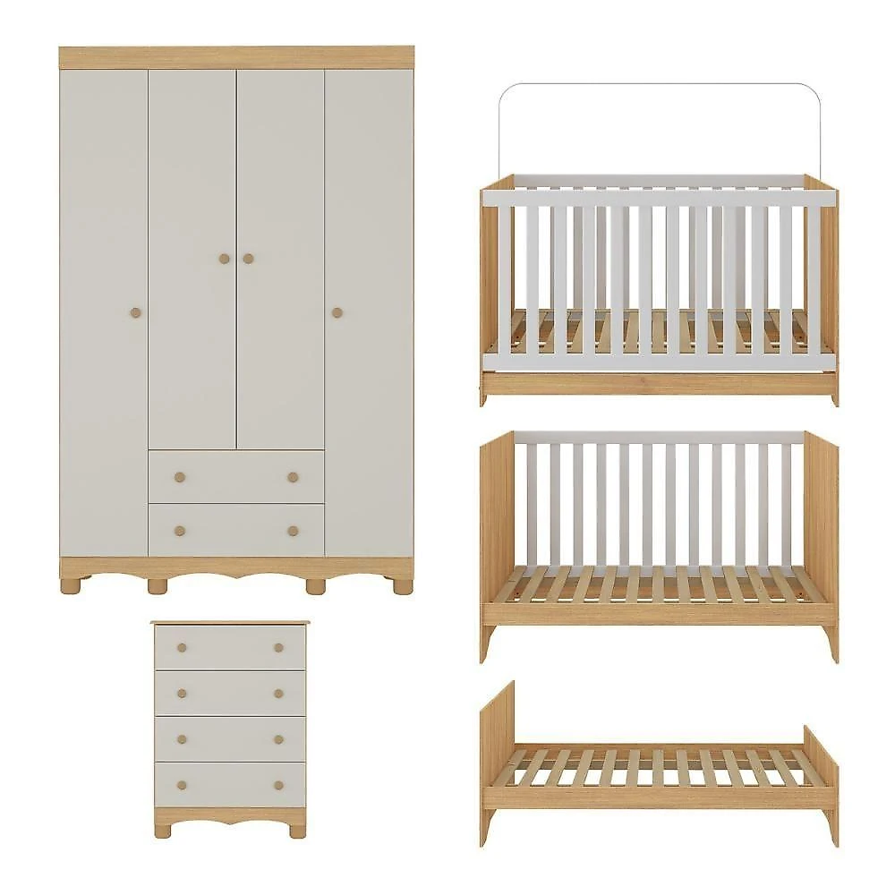 Quarto De Bebê Completo Berço Americano 3 Em 1 Colchão Dengo Multimóveis MP4604 Madeirado-off White