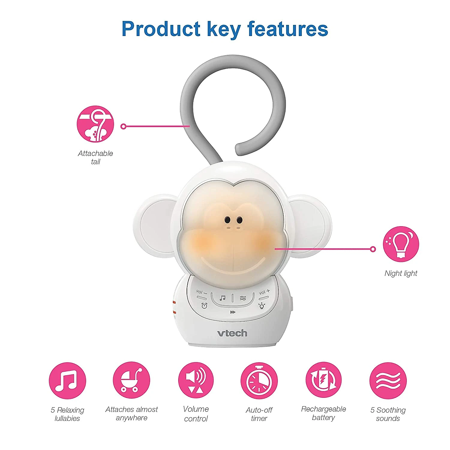 VTech BC8211 Máquina de Som Ruído Branco para Bebês Recém Nas cidos com Luzes Branco Macaco