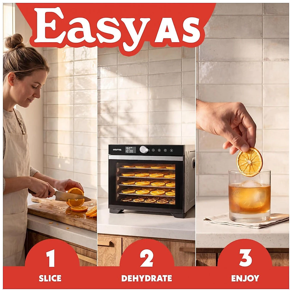 Desidratador de Alimentos Digital Gourmia GFD1610 6 Bandejas de Aço Inoxidável 600W Fluxo de Ar 360° Voltagem Não Informada