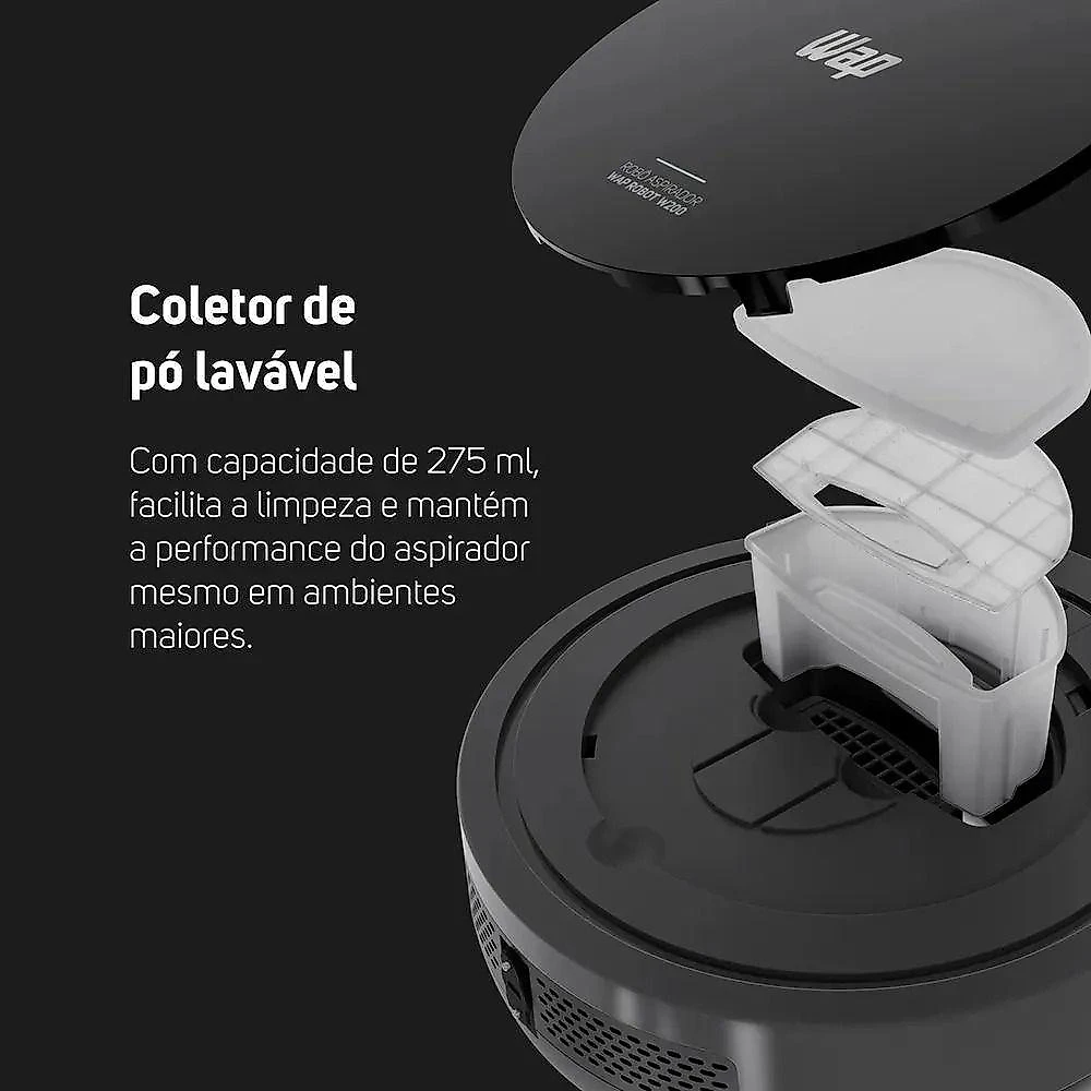 Robô Aspirador WAP W200 Programável 3 em 1 Varre Aspira Passa Pano Base Carregadora Preto