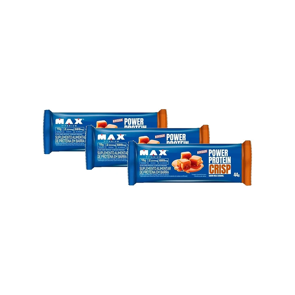 Kit 3 Barra de Proteína Power Protein Crisp Max Titanium com 15g de Proteína Sabor Milk Caramel 44g