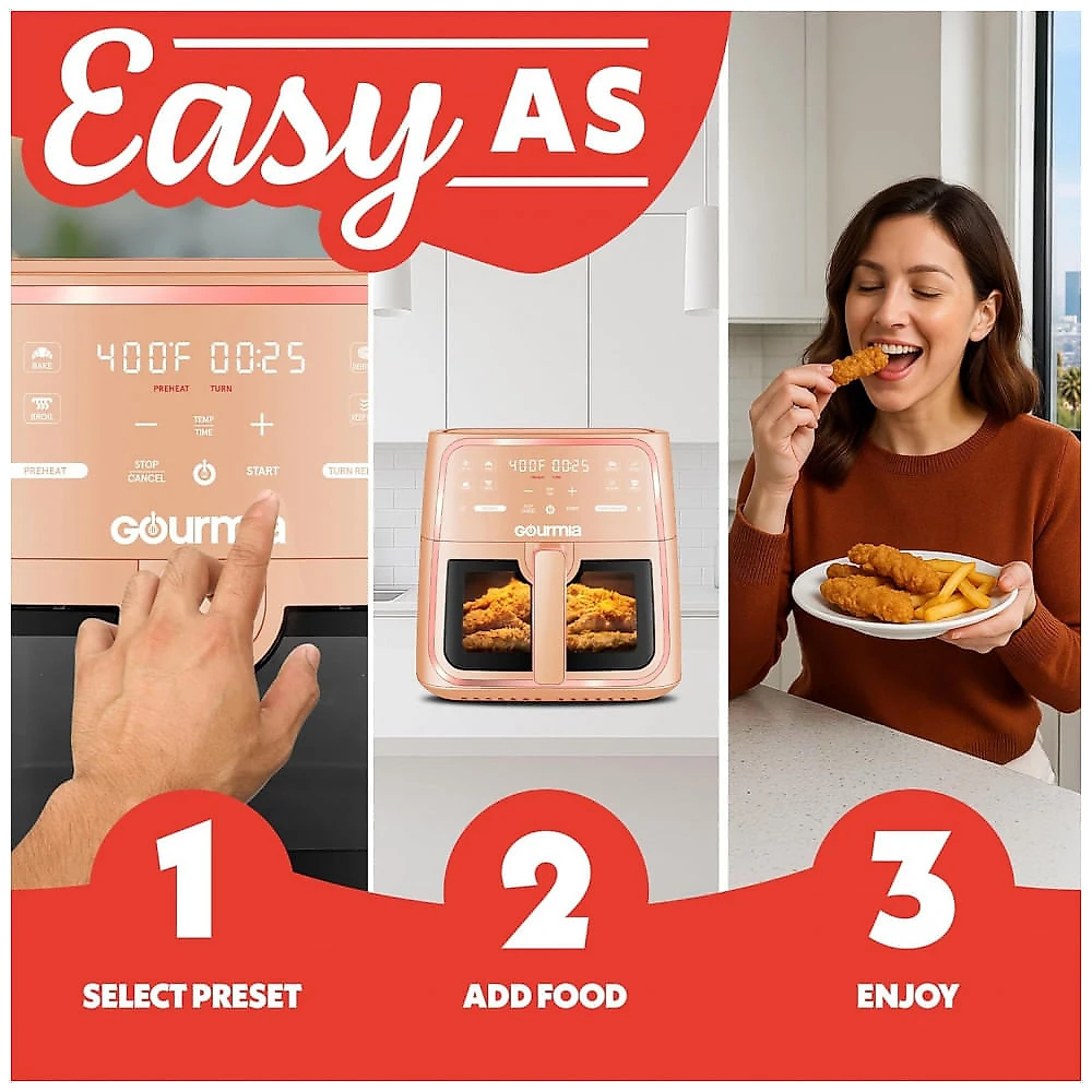 Fritadeira Elétrica Air Fryer Gourmia Pêssego 7,6L Janela com Luz 8 Programas FryForce 360 1700W 110V