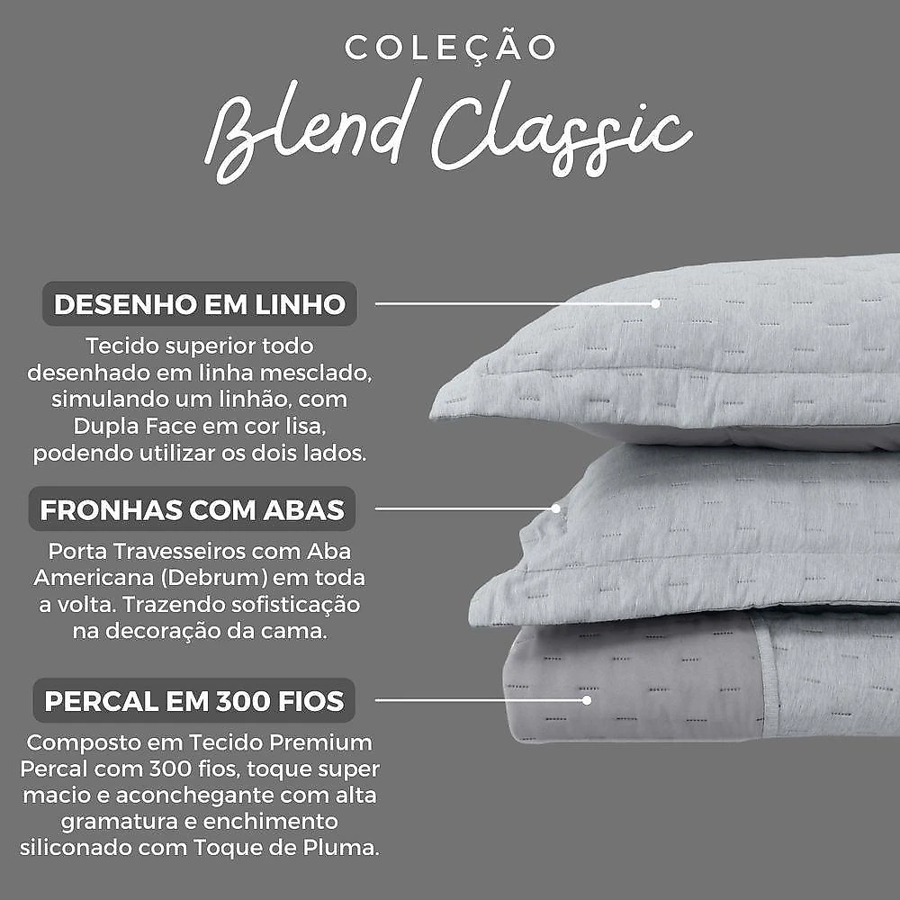 Kit Cobre Leito Colcha Queen Blend Percal 300 Fios Dupla Face Linho Mesclado Com Fronhas 03 Peças Cor Cinza