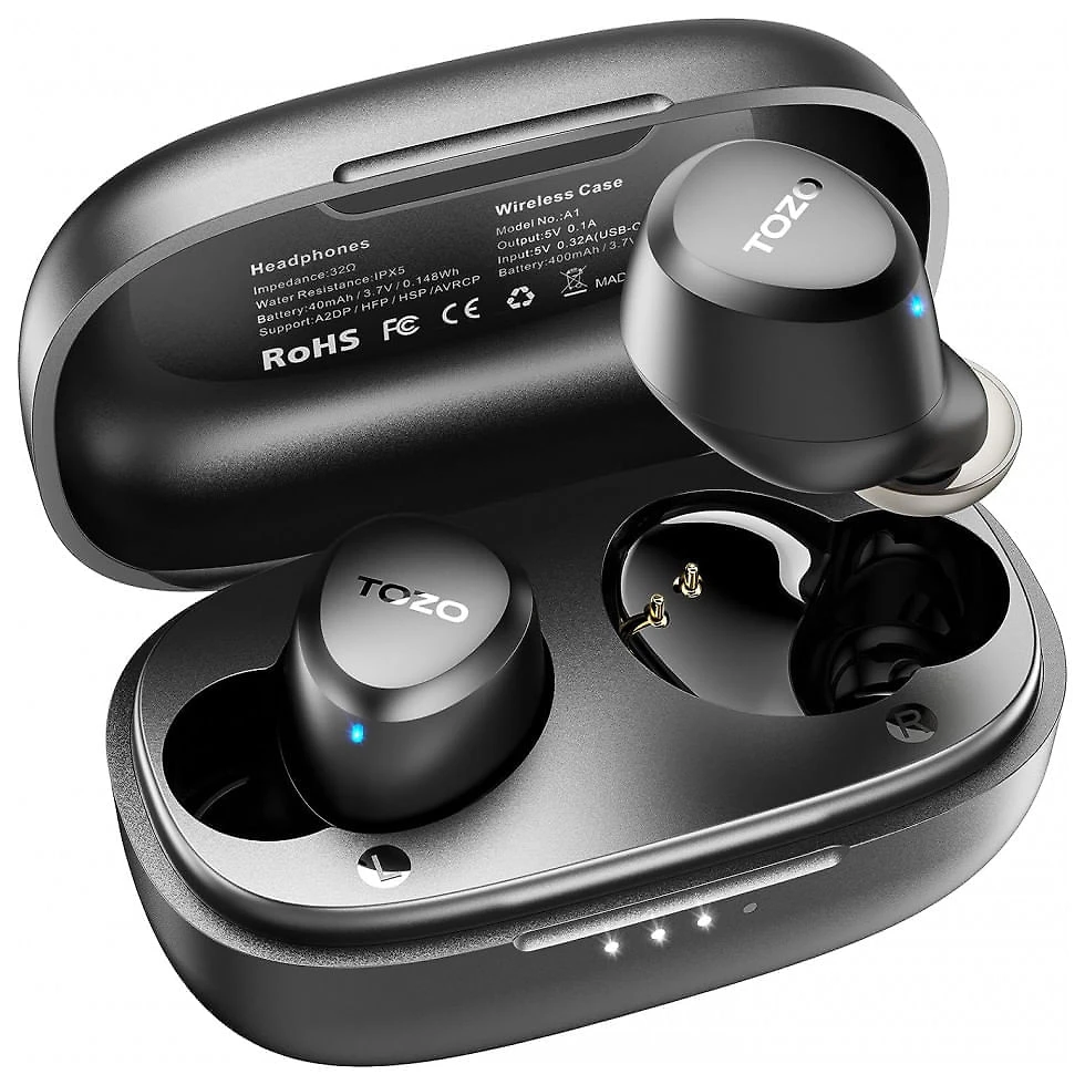 Mini Fones de Ouvido Bluetooth com Estojo de Carregamento e Resistência a Agua IPX5, TOZO A1, Branco