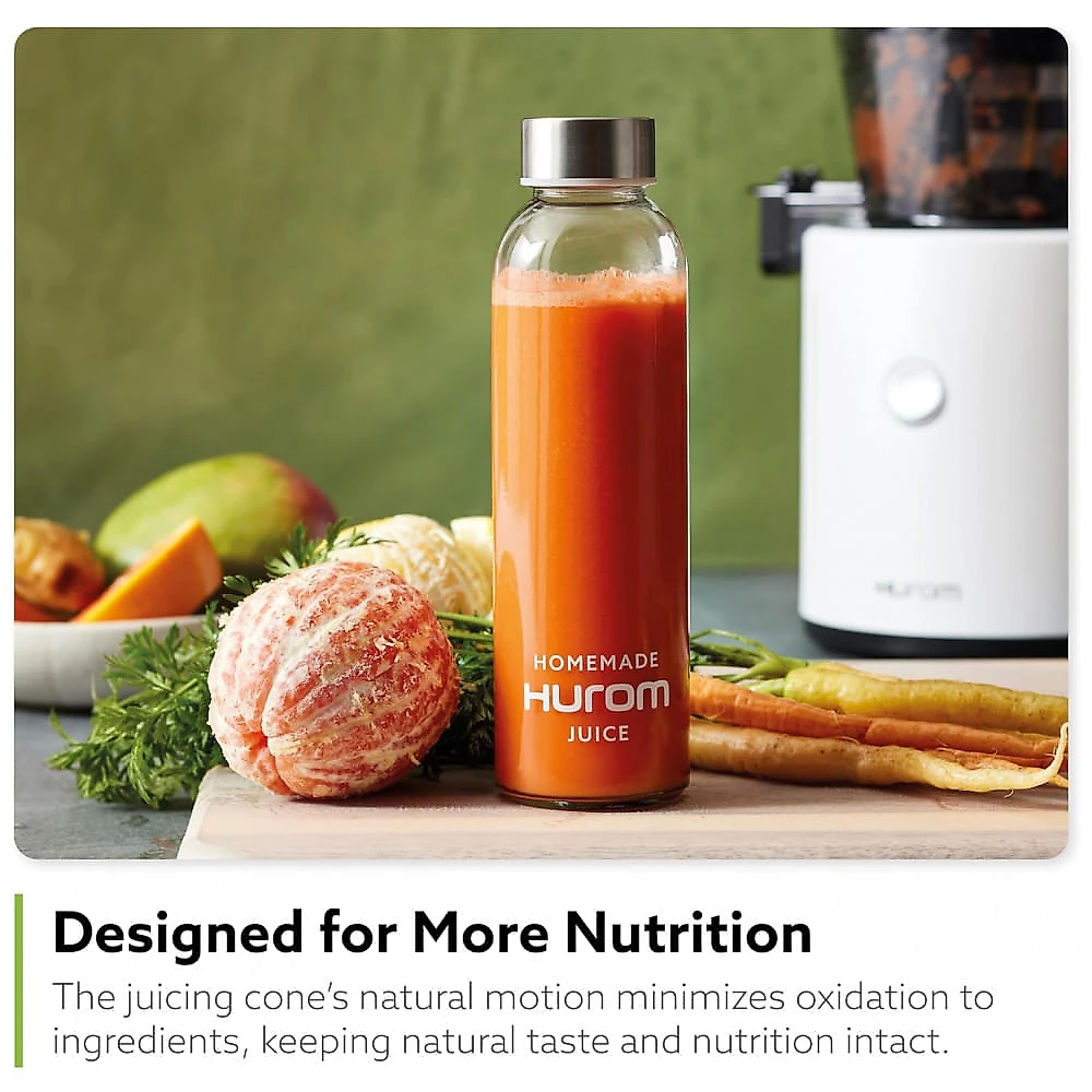 Extrator de Suco Hurom H320 Cold Press, Fácil de Limpar, Máquina de Sucos Lenta, Filtros Grossos, Autoalimentação, Sem as Mãos, Tamanho Família,