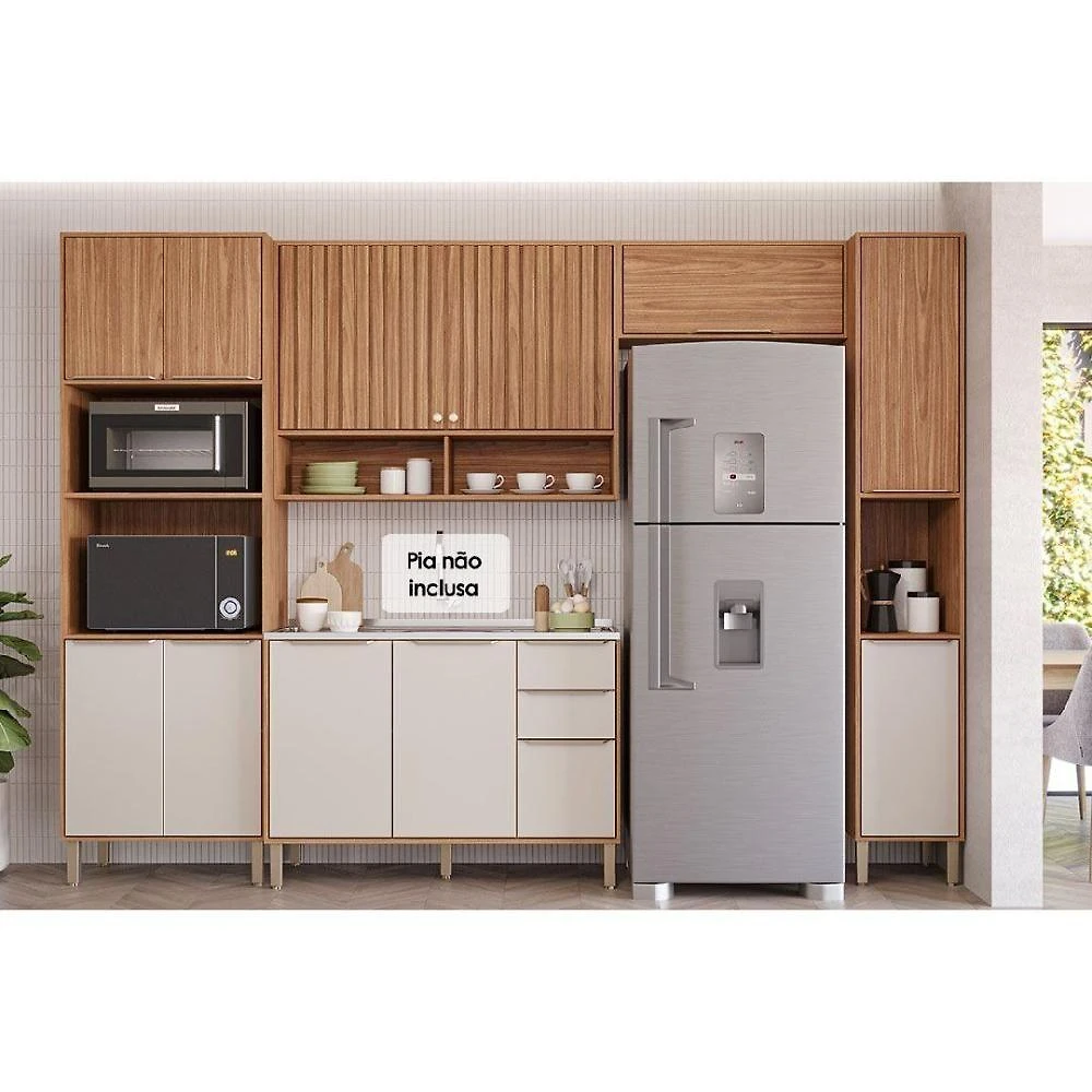 Cozinha Completa 5 Peças Divina 2 Aéreos 1 Balcão 1 Paneleiro 1 Torre Quente C5p185 Freijó Off White