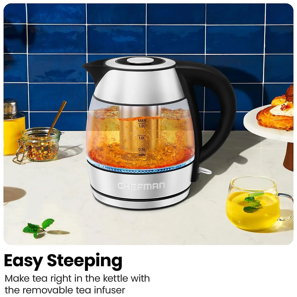 Chaleira Elétrica CHEFMAN 1.2L 1500W para Chá com Infusor de Inox, Desligamento Automático, Proteção contra Fervura a Seco e Luz LED