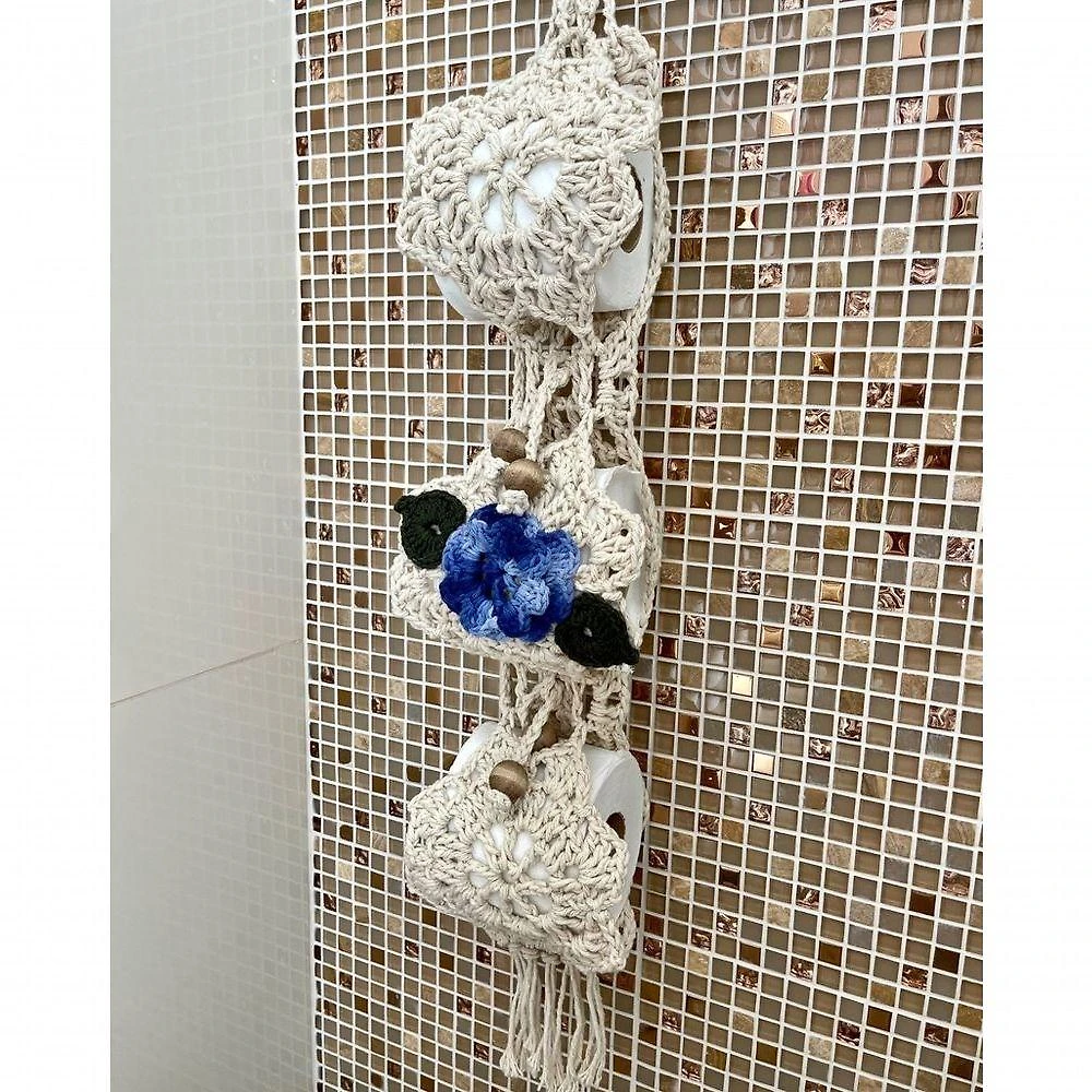 Porta Papel Higiênico Crochê Artesanal Flor Bordado Algodão 3 Lugares Azul