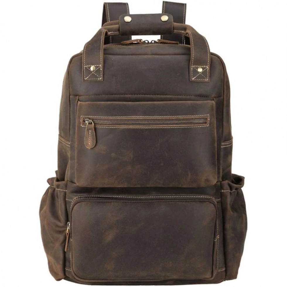 Mochila Masculina para Laptop de Couro, TIDING, Marrom