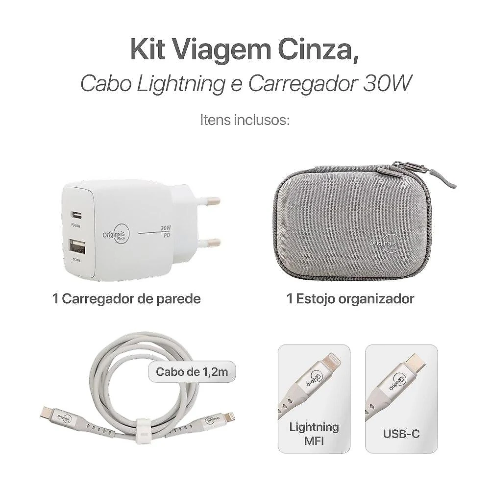 Kit Viagem Cinza, Cabo Lightning e Carregador 30W, Originais iPlace