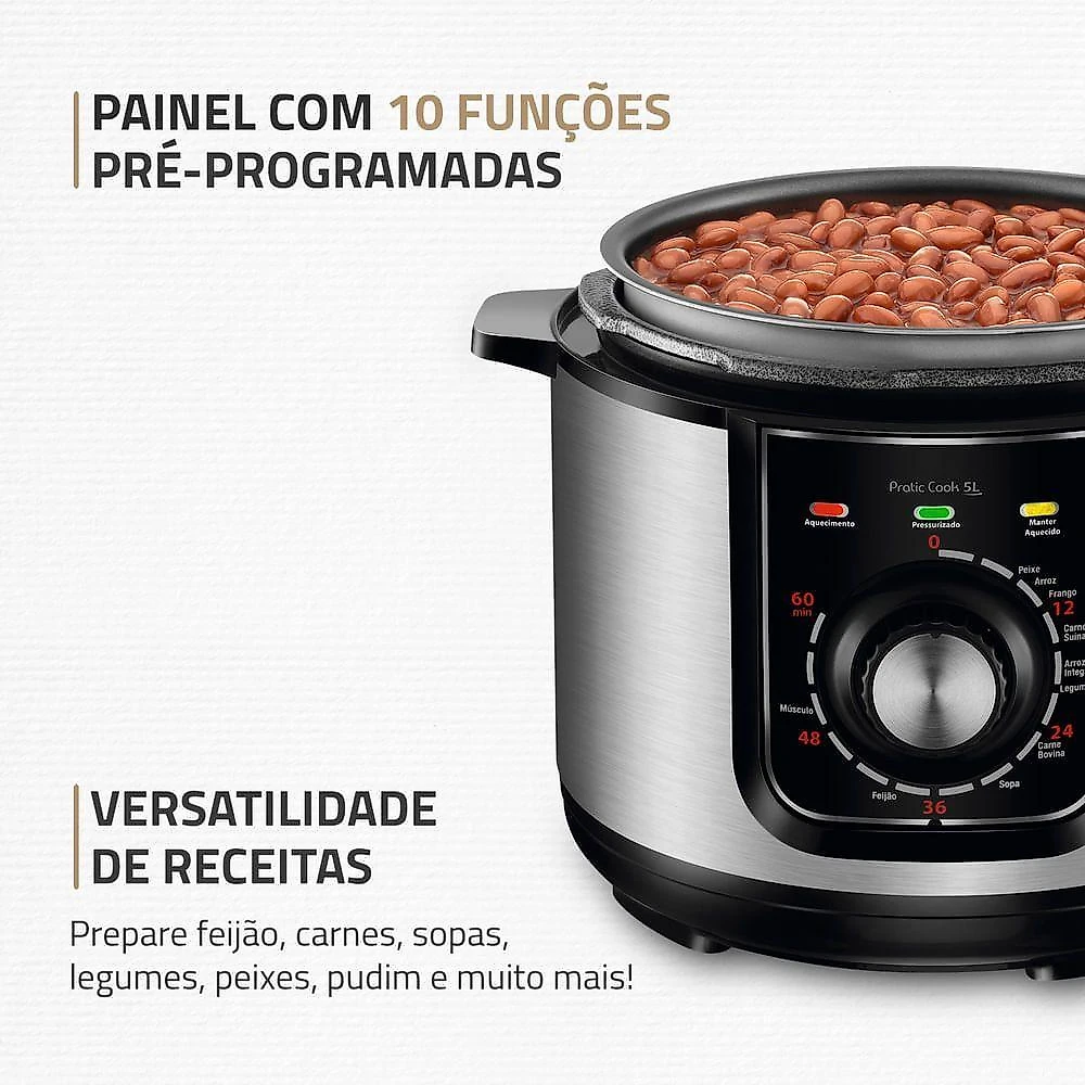 Panela de Pressão Elétrica de Pressão Mondial Pratic Cook 5L Premium I 900W Preto-Inox 110V