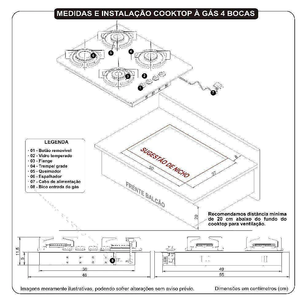 Fogão Cooktop 4 Bocas Mesa Em Vidro Preto Fogatti Esmaltado 27000101-02 Bivolt