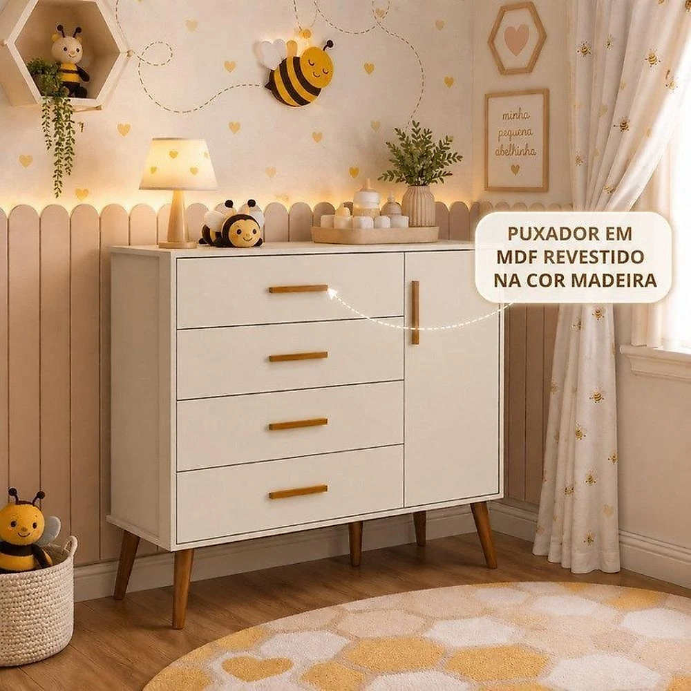 Quarto de Bebê Completo Isis / Berço 2 em 1, Cômoda Sapateira 100% MDF Areia