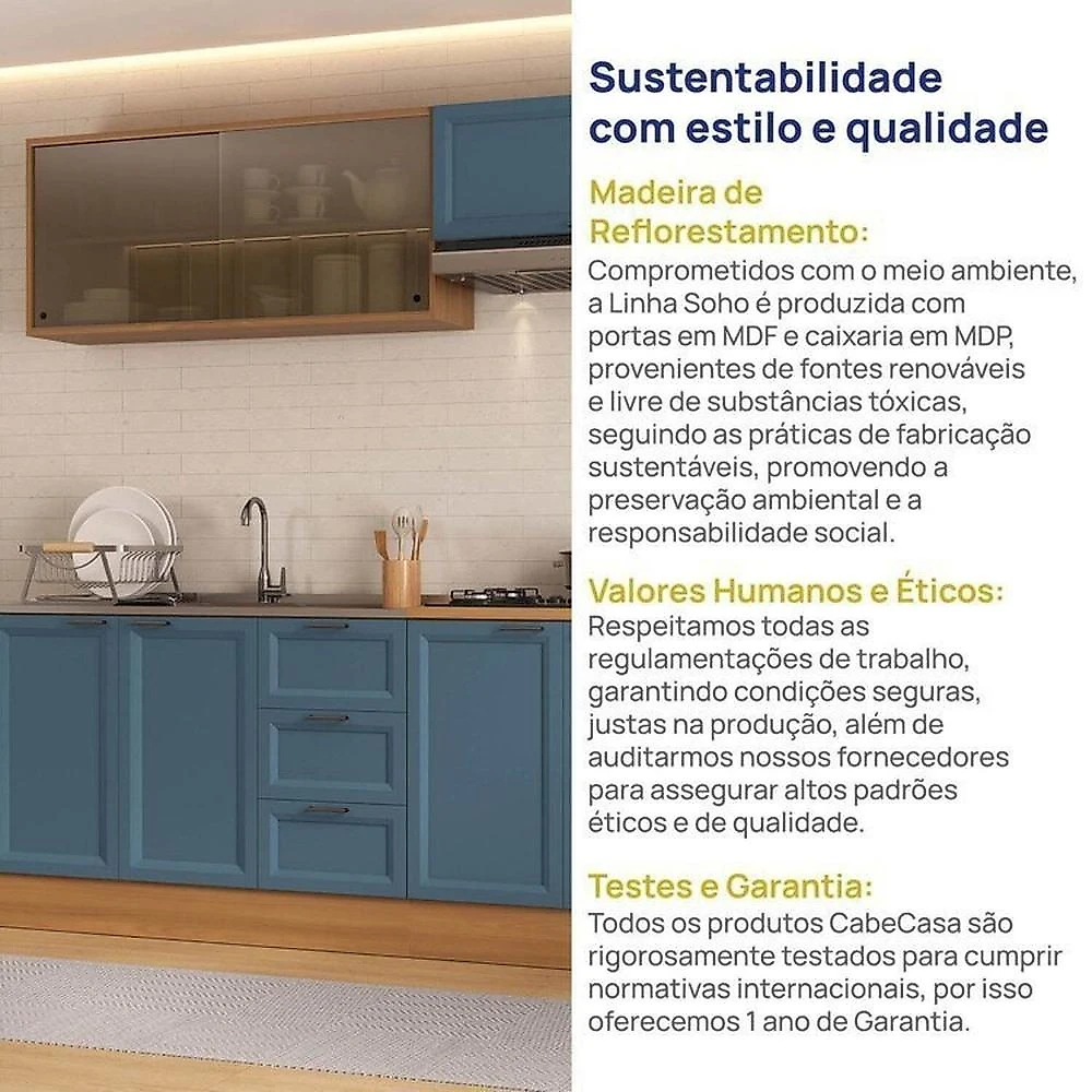 Cozinha Compacta 4 Peças 2 Aéreos 2 Balcões Soho CabeCasa MadeiraOriginals Freijó/Azul