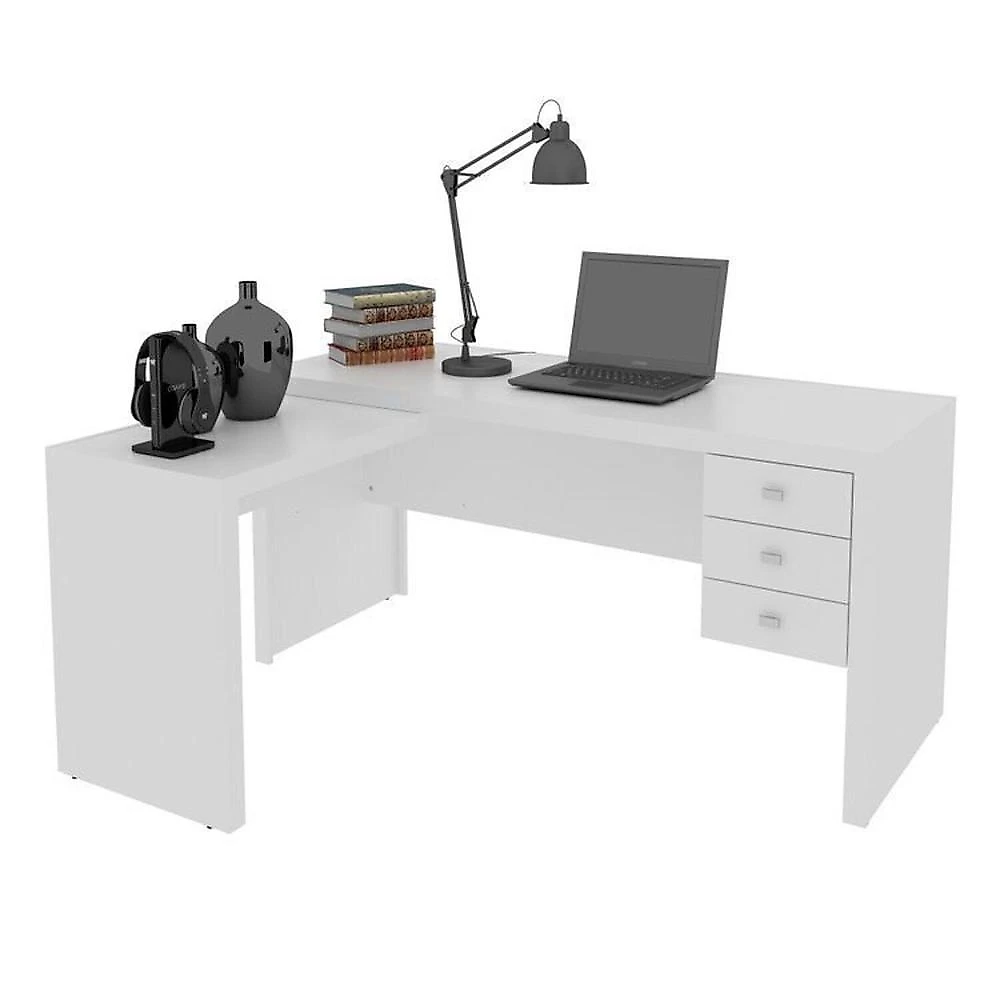 Kit 4 Peças com 2 Mesas Escritório em L e  2 Armários Multiuso Conjunto de Escritório 2 Mesas em L 3 Gavetas 2 Armários 5 Prateleiras Branco