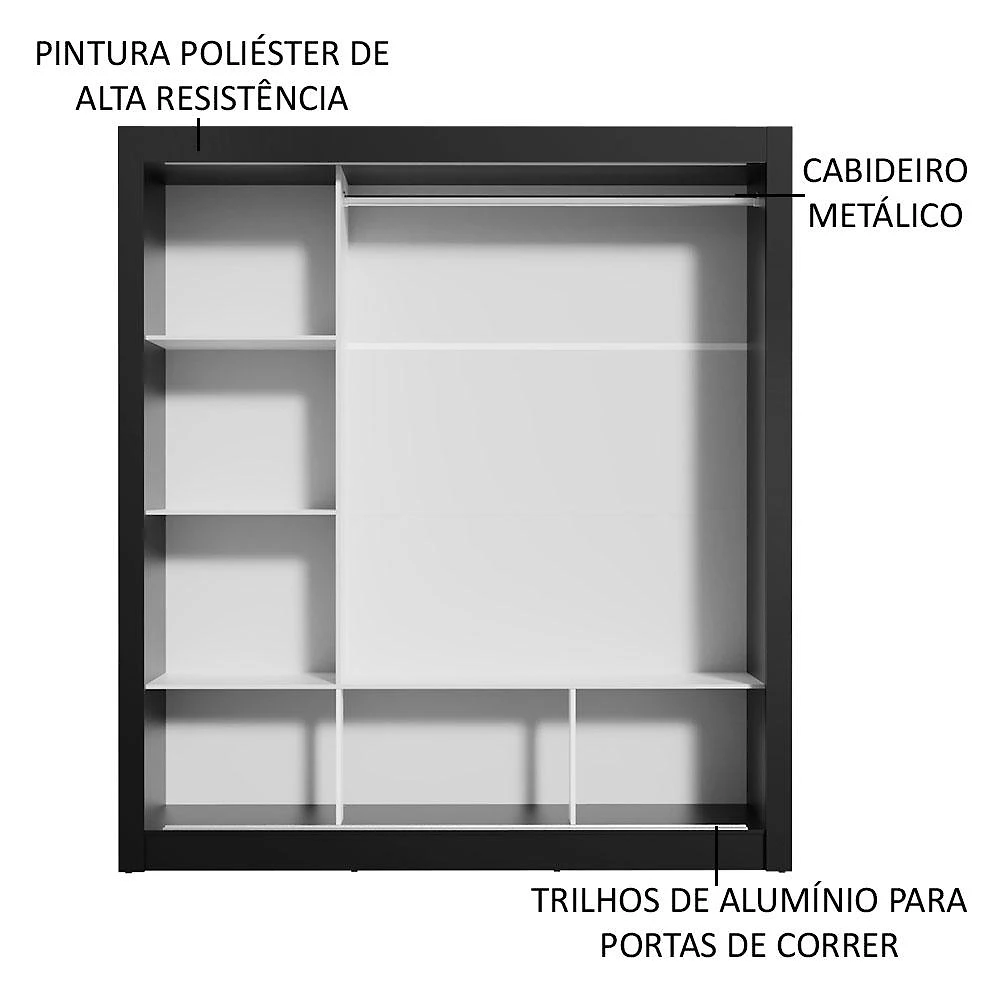 Guarda Roupa Casal Madesa Mônaco 3 Portas de Correr com Espelho - Preto Preto
