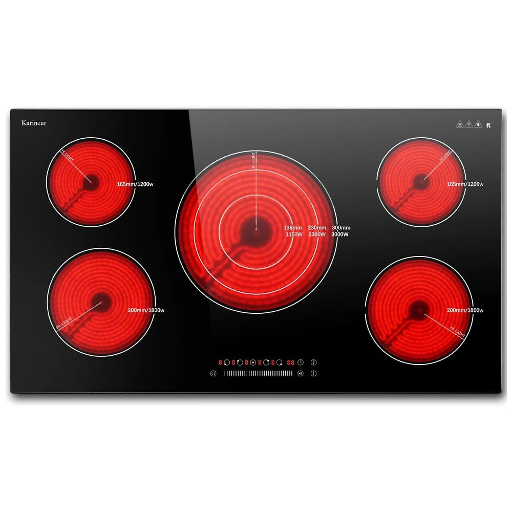 Cooktop Elétrico Karinear , 5 Queimadores, Vidro Incorporado, Zonas Expansíveis, Bloqueio de Segurança, Timer, Pausa - 9200W 220-240V
