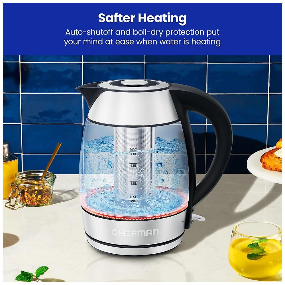 Chaleira Elétrica Chefman de Vidro 1,8L 1500W c/ Infusor de Chá, Manter Quente, Desligamento Automático e Proteção contra Fervura