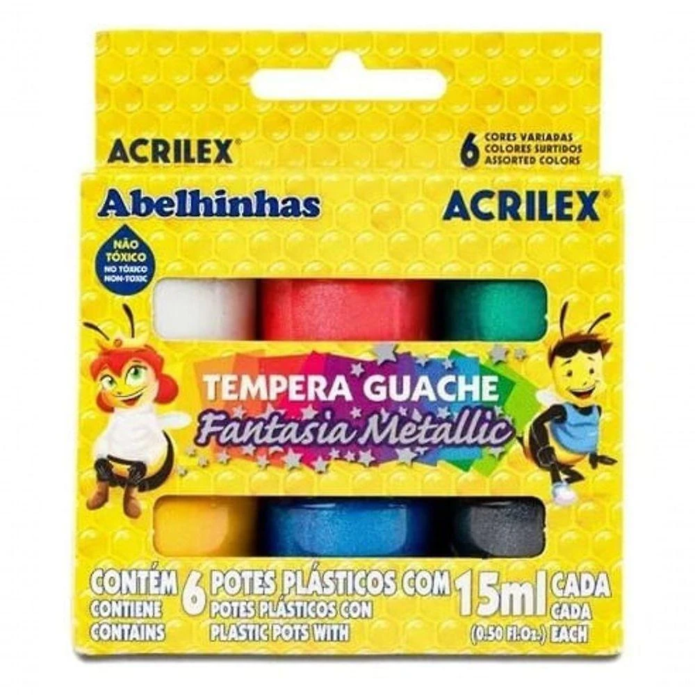 Tinta Tempera Guache Fantasia Metallic - 6 Cores - Acrilex -