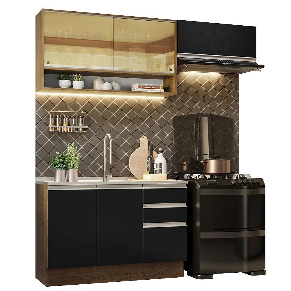 Armário de cozinha compacta 200cm rustic/preto glamy madesa 08