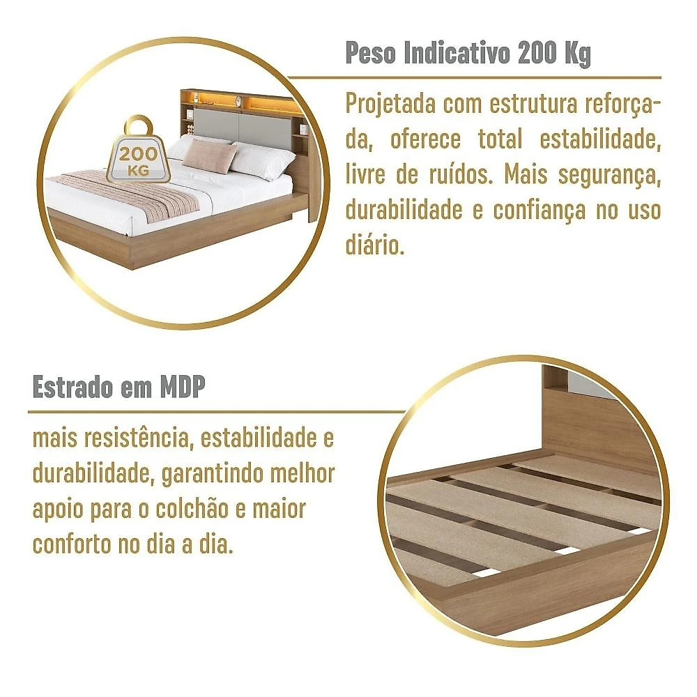Cama de Casal e Queen Suspensa com Iluminação LED e Organizador na Cabeceira Cancún Mel/Arenas
