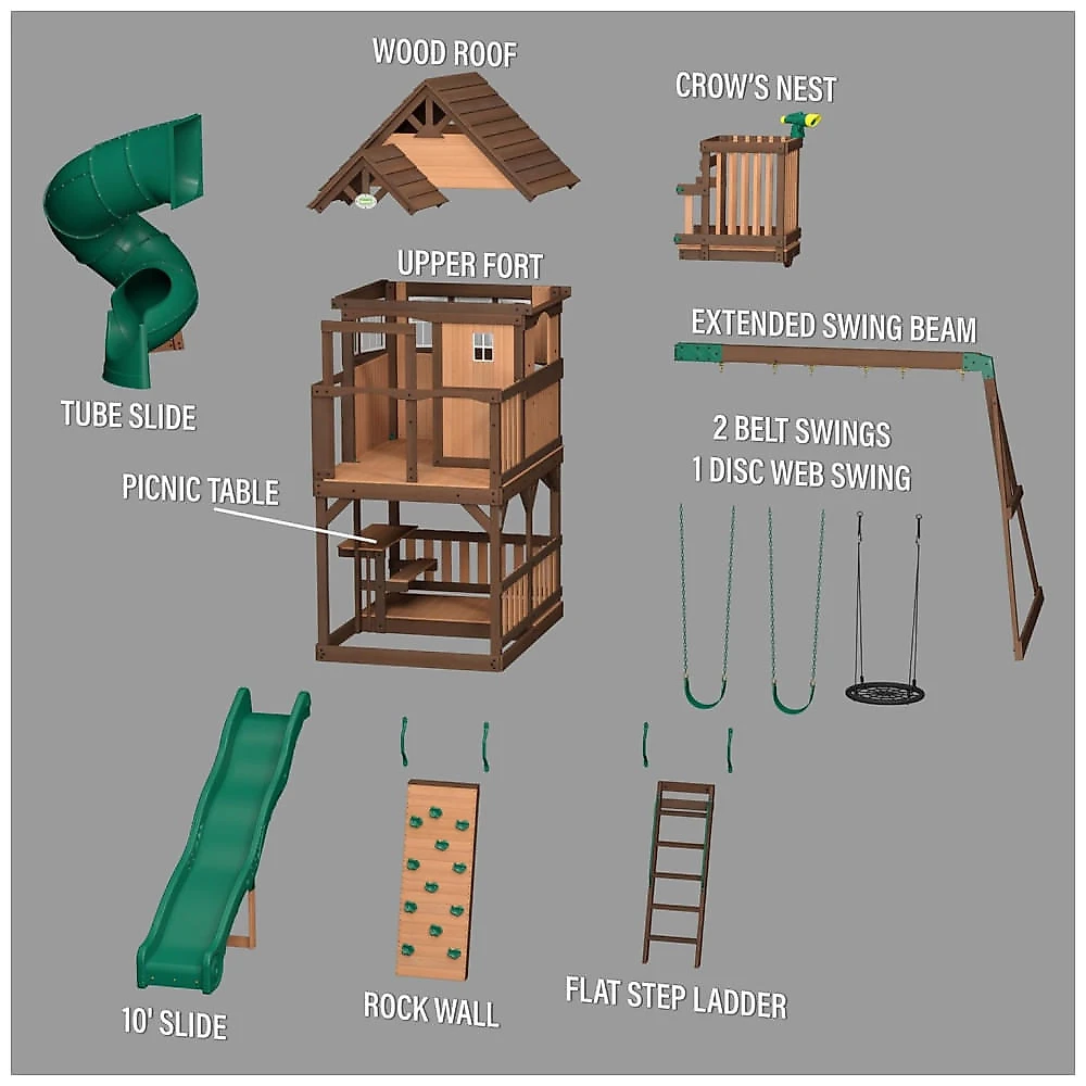 Playground de Madeira Externo com Balanço, Escorregador, Parede de Escalada e Mais para Crianças de 3 a 10 Anos, Backyard Discovery, Verde 110v