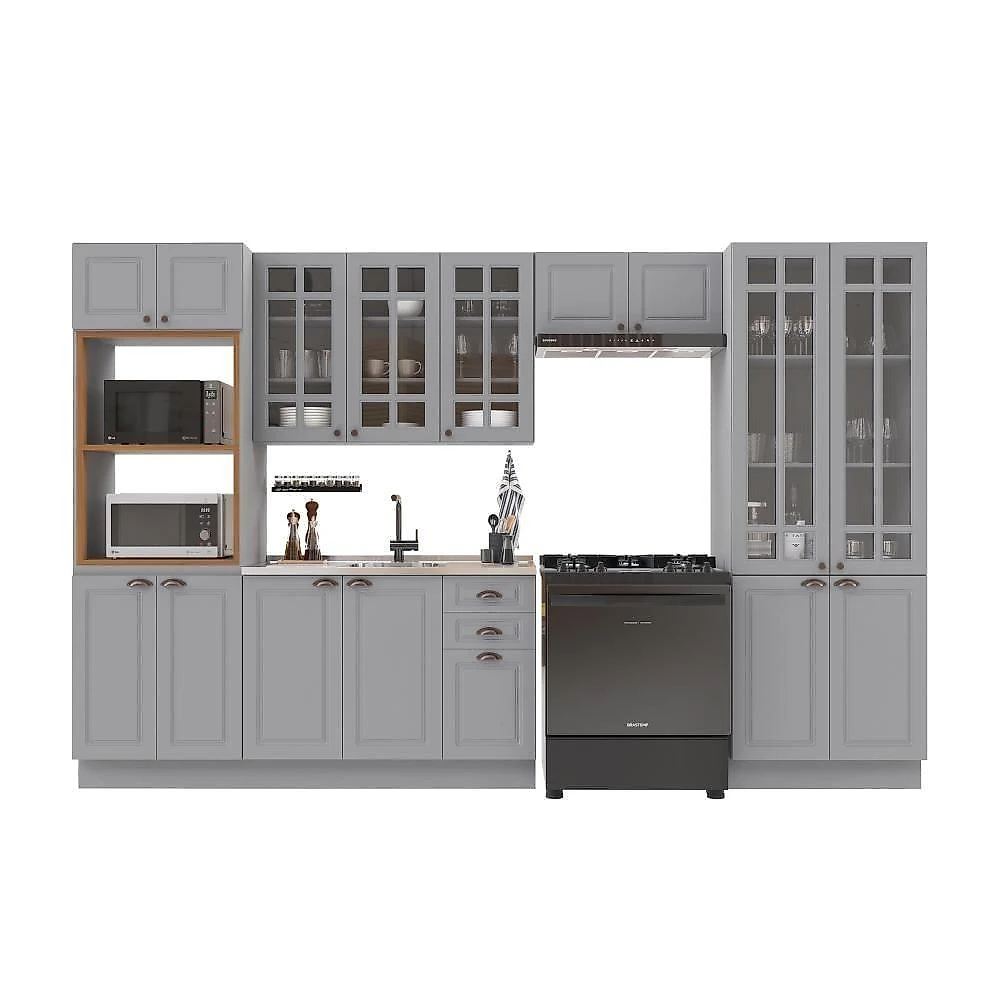 Cozinha Completa Modulada Nara 16 Portas 2 Gavetas MDF 350CM Titânio Fidelita Móveis