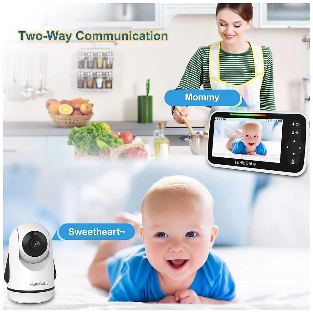 Babá Eletrônica com Câmera, Áudio, Zoom Panorâmico, Visão Noturna, 8 Canções de Ninar, HelloBaby, Branca