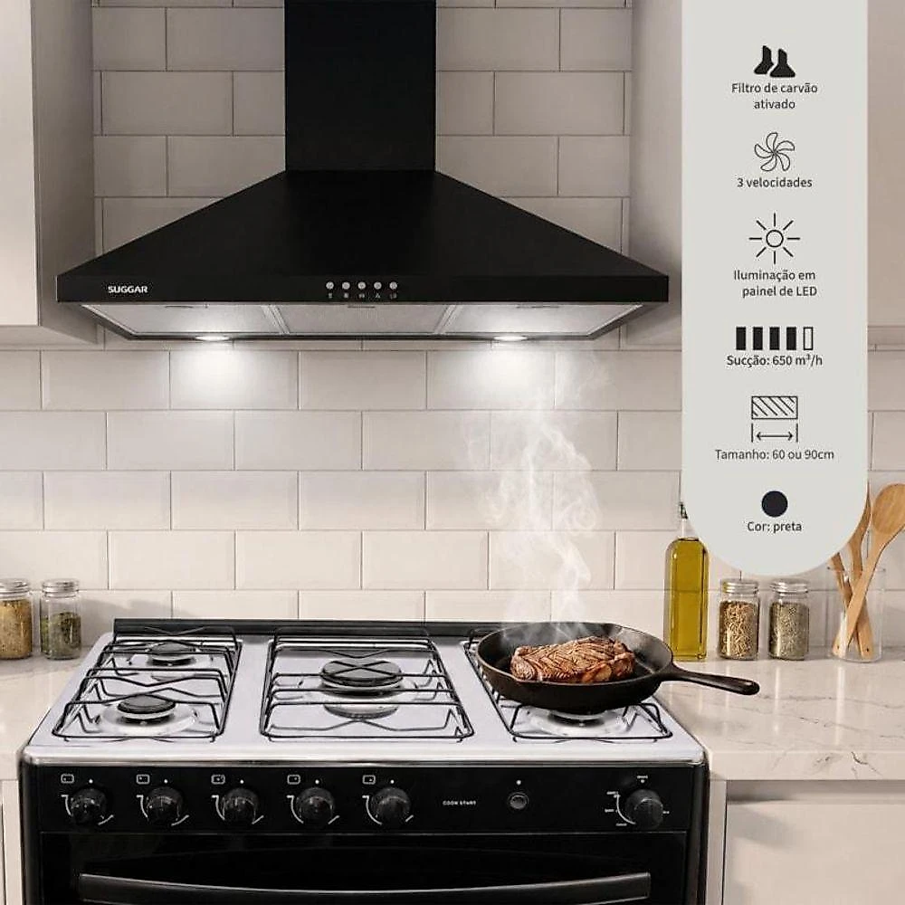 Coifa de Parede Piramidal Suggar TP0290PT 90CM LED Preto 110V