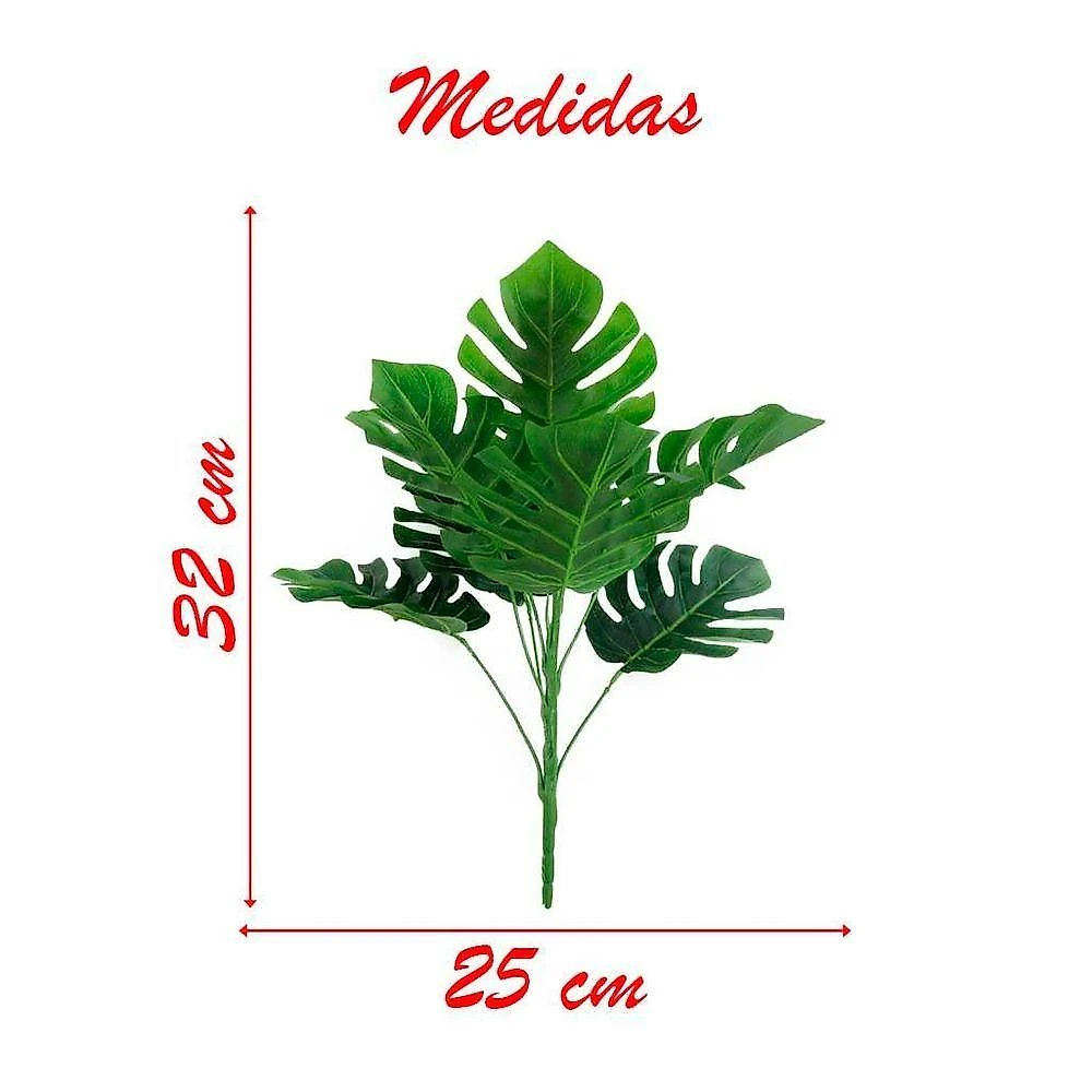 Kit 2 Ramos Costela De Adão Decorativo Artificial Plástico Verde 9 Folhas Cada 32cm