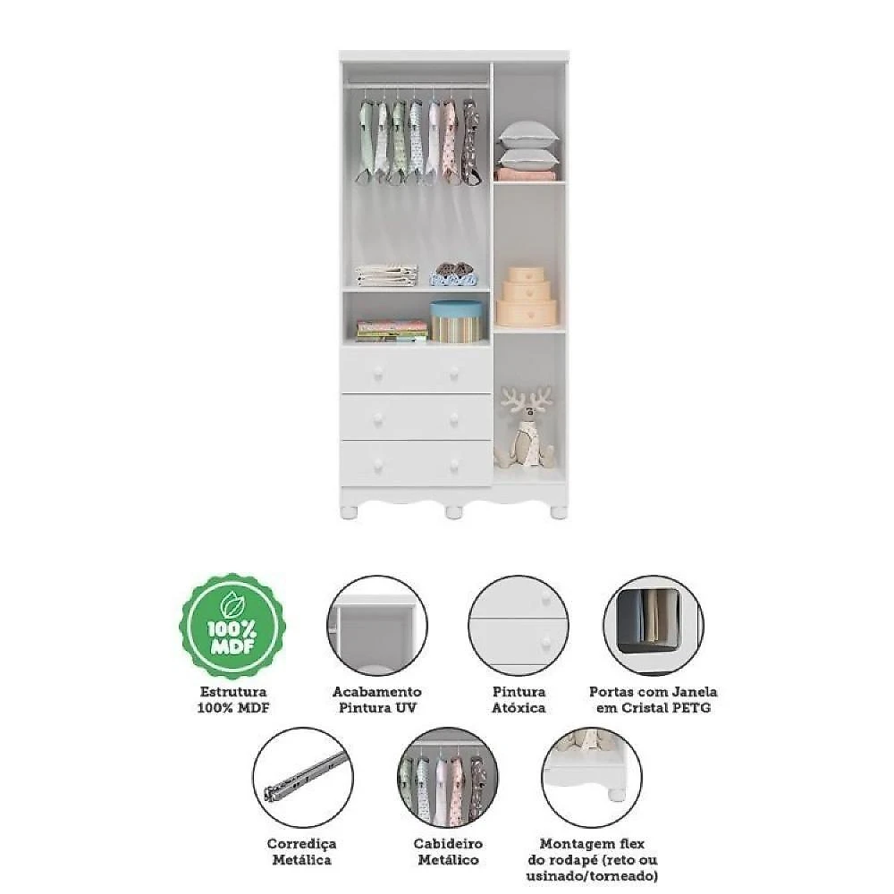 Quarto de Bebê om Guarda Roupa 3 Portas 3 Gavetas e Cômoda 1 Porta 4 Gavetas  Duda Quarto Infantil com Guarda Roupa 3 Portas 3 Gavetas e Cômoda 1 Porta 4 Gavetas Mimo Espresso Móveis Branco Brilho