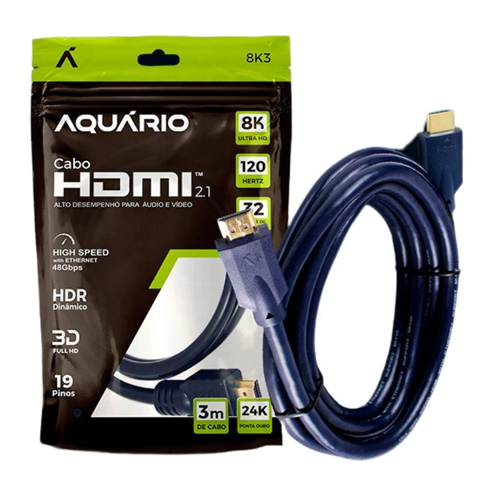 Cabo Hdmi Aquário 8K3 8K Macho X Macho 2.1 3M para Som e Imagem 48Gbps