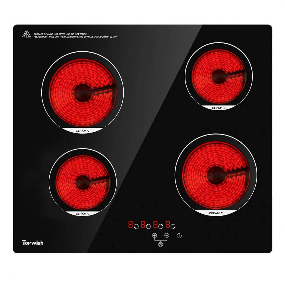 Cooktop elétrico vitrocerâmico 61cm TOPWISH preto 4 zonas radiantes touch timer trava de segurança 6000W 220V