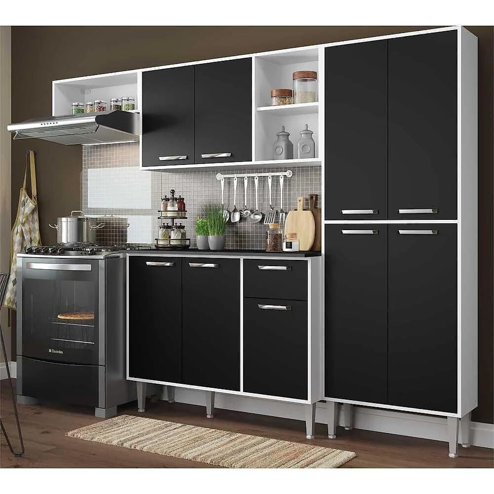 Armário De Cozinha Compacta Xangai Multimóveis V2840 Branco/Preto Branco/Preto