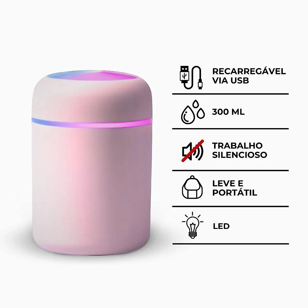 Umidificador de Ar Portátil Usb Rosa 300ML Ultrassônico Utimix Luminária LED Difusor de Aroma webcontinental-7899658309541