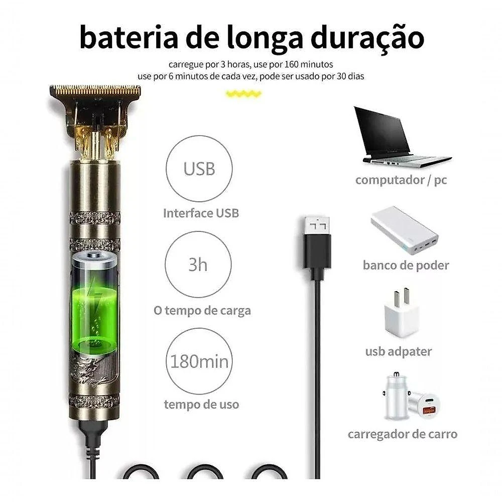 Máquina de Corte de Cabelo e Barba Aquilae T9 Dragão Dourada Aparador de Pelos sem Fio Dourado