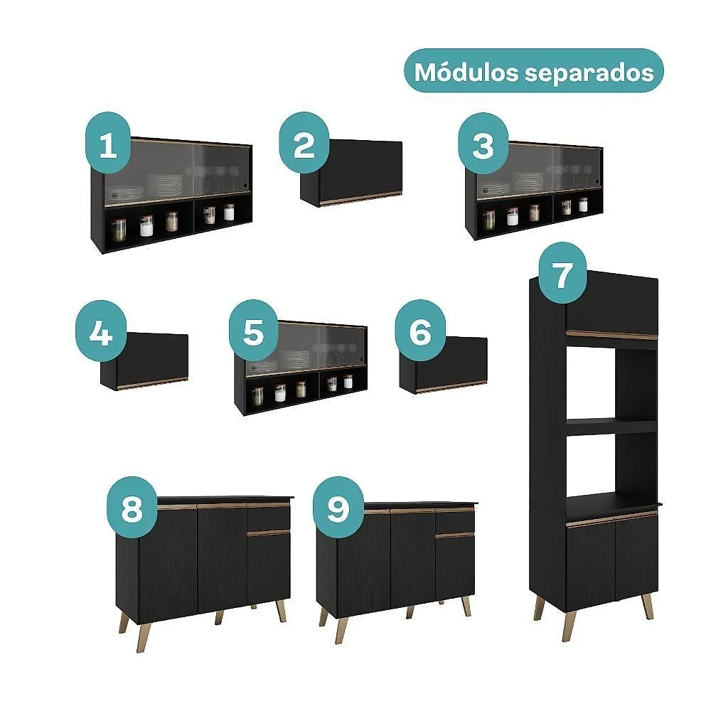 Cozinha Completa Atlanta Next 18 Portas 2 Gavetas MDP 555CM Preto Touch Carraro