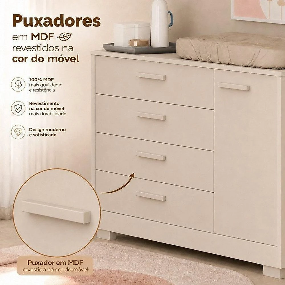 Quarto Completo Danny para Bebê 100% MDF com Cômoda Sapateira e Berço 2 em 1 Areia